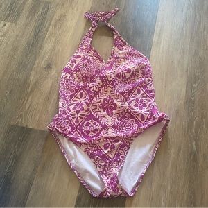 Catalina One Piece Bathing Suit V Neck Purple White Floral Swim Sz Large 12/14
